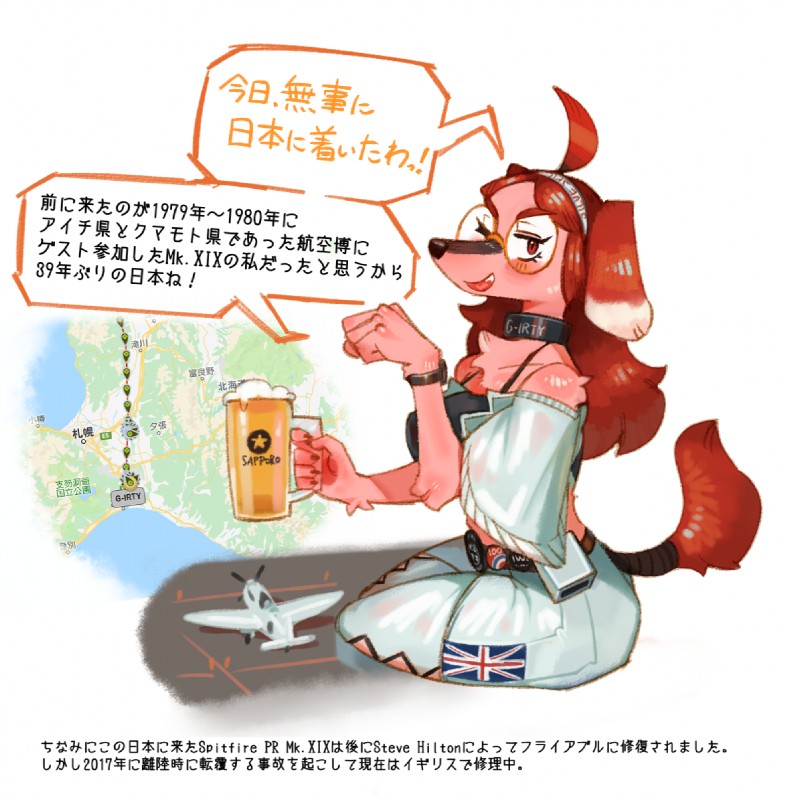 5_fingers accessory ahoge aircraft alcohol anthro beer belt beverage biped breasts british clock clothed clothing collar dialogue exclamation_point eyewear female fingers fluffy fluffy_tail fur glasses hair hair_accessory hairband holding_object looking_at_viewer map midriff open_mouth paw_pose pink_body pink_fur pose red_eyes red_hair simple_background sitting solo speech_bubble tail text text_on_collar vehicle watch white_background hideki_kaneda sapporo supermarine_spitfire spitfire_(hideki_kaneda) canid canine canis domestic_dog mammal 2019 japanese_text translation_request