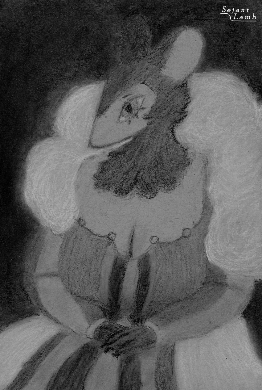 anthro big_breasts black_background black_body black_fur breasts cleavage clothed clothing dress female frilly frilly_clothing fur looking_at_viewer pattern_clothing pose pupils queen royalty simple_background sitting slit_pupils solo striped_clothing stripes sejantlamb mammal murid murine rat rodent 2019 charcoal_(artwork) greyscale half-length_portrait hi_res monochrome pastel_(artwork) portrait traditional_media_(artwork)