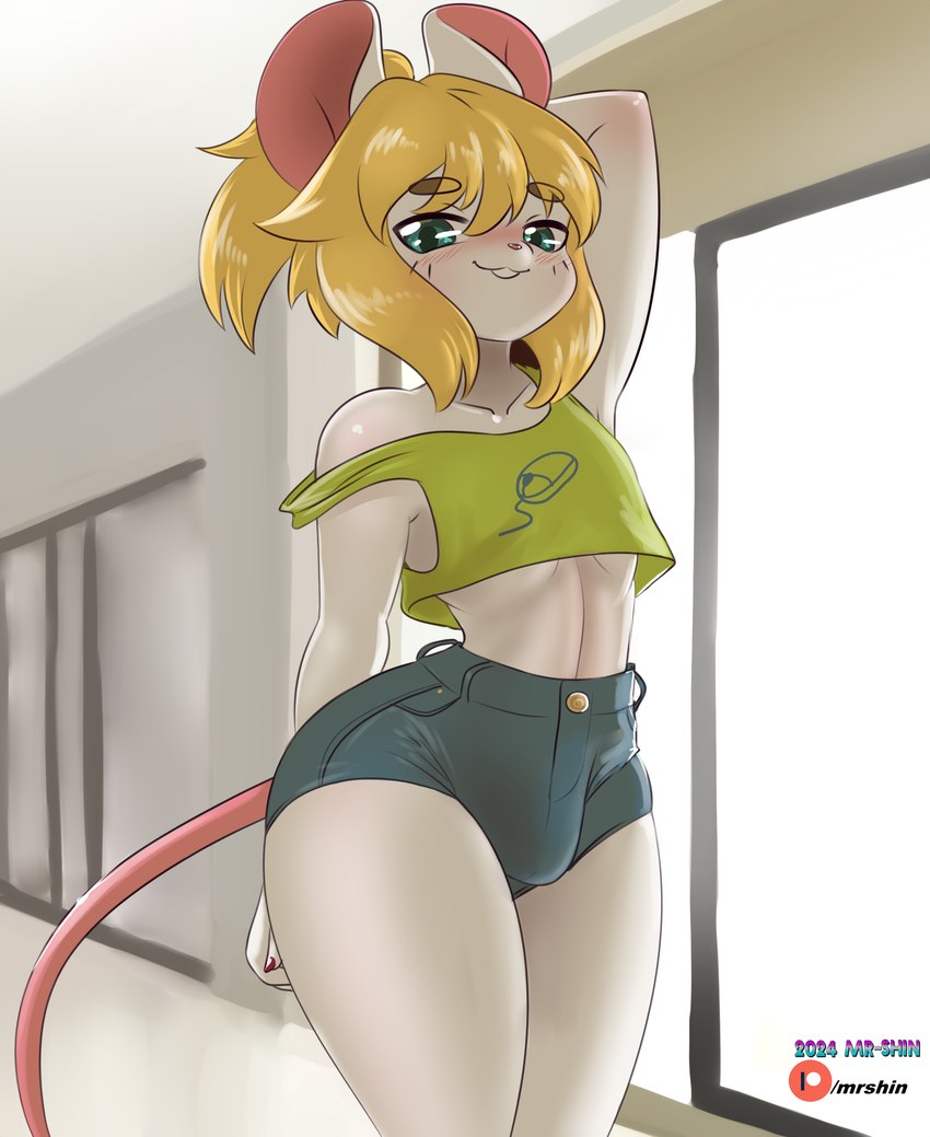 anthro blonde_hair blush bottomwear bulge clothed clothing crop_top femboy hair heart_eyes heart_symbol looking_at_viewer male pupils shirt shorts smile solo thick_thighs topwear white_body wide_hips mr-shin marvin_(mr-shin) mammal mouse murid murine rodent hi_res