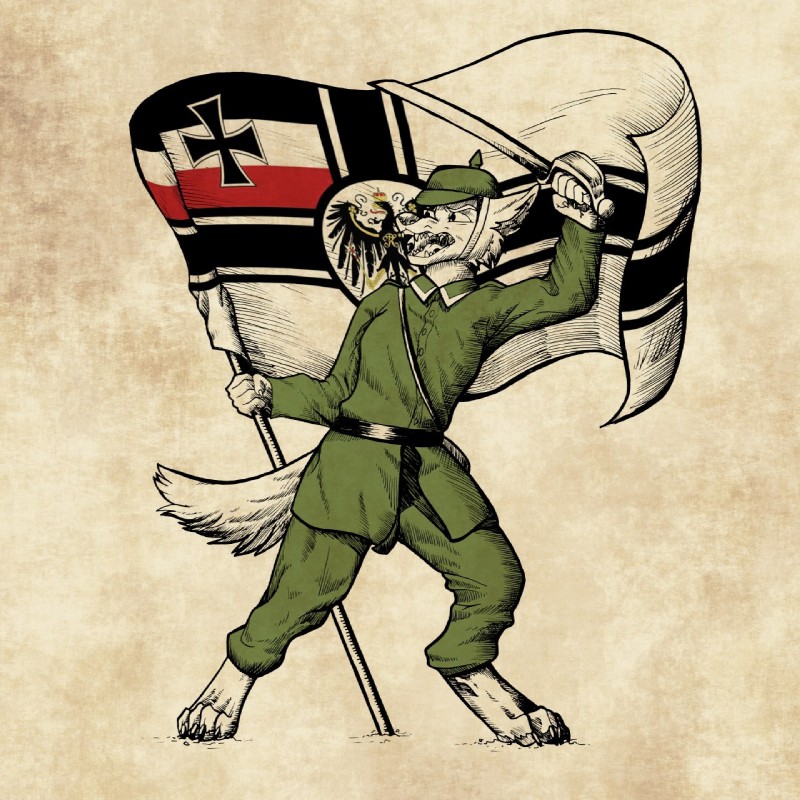 4_toes anthro armor barefoot belt biped claws clothed clothing digitigrade feet flag flag_(object) fully_clothed fur german_empire german_flag headgear helmet historical holding_flag holding_melee_weapon holding_object holding_sword holding_weapon looking_back male melee_weapon military military_uniform open_mouth pickelhaube pose simple_background soldier solo standing sword teeth toe_claws toes tongue uniform warrior weapon white_body white_fur zillion_ross luther_(centaurialpha) canid canine canis domestic_dog german_shepherd herding_dog mammal pastoral_dog 1:1 2018 hi_res