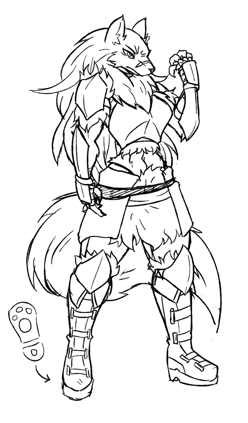 abs anthro armor boots claws clothing female footwear scar shoes solo string_panties rakkuguy velvela canid canine canis mammal wolf hi_res monochrome sketch