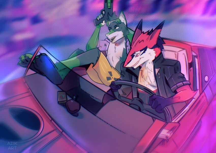 anthro bottomwear car clothing driving duo eyewear eyewear_on_head goggles goggles_on_head gun hazard_symbol male open_mouth radiation_symbol ranged_weapon shorts smile steering_wheel sunglasses symbol vehicle weapon azik canid canine canis fox mammal wolf absurd_res hi_res