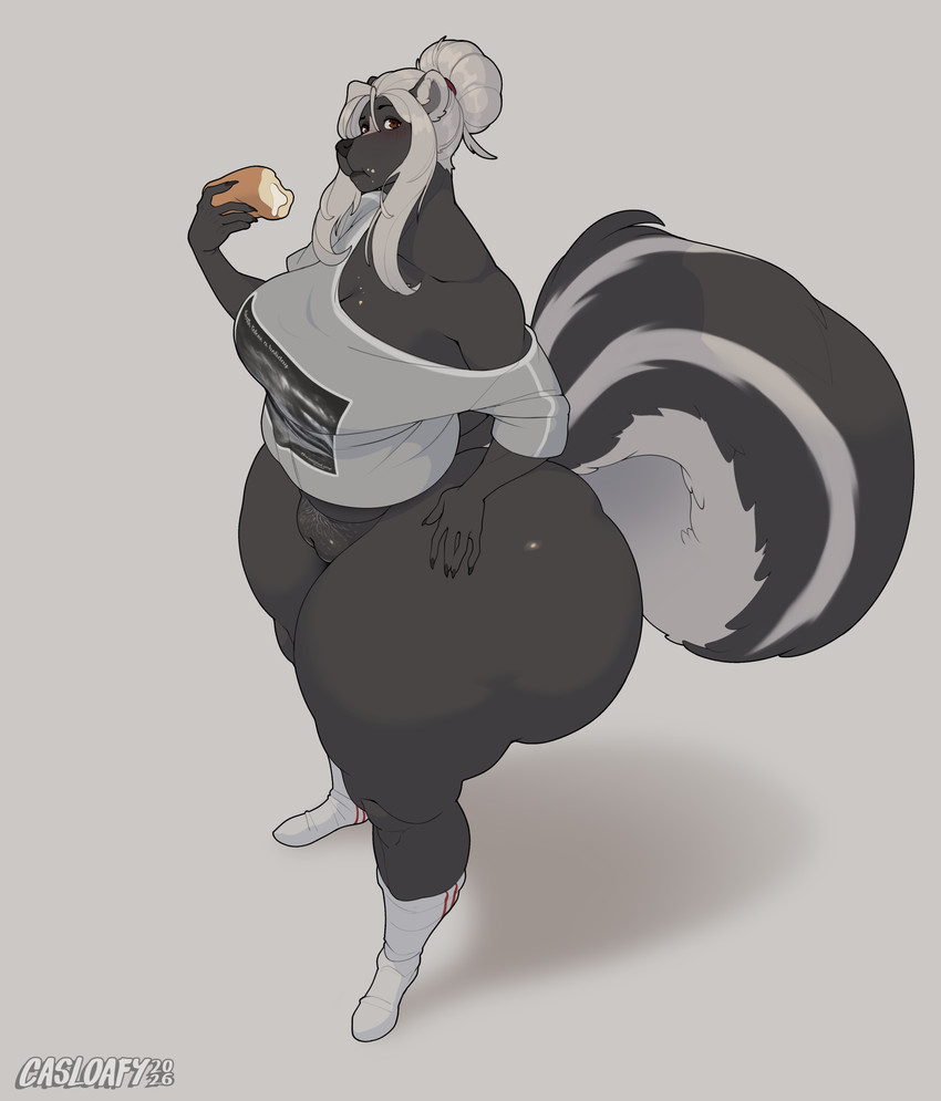 anthro big_breasts big_butt biped bottomless bottomless_anthro bottomless_female breasts butt clothed clothing female food genitals hand_on_hip high-angle_view huge_breasts huge_butt huge_hips huge_thighs mature_anthro mature_female overweight overweight_anthro overweight_female pastry pubes shadow simple_background solo thick_thighs vulva wide_hips casloafy bailey_(casloafy) mammal mephitid skunk 2026 absurd_res hi_res