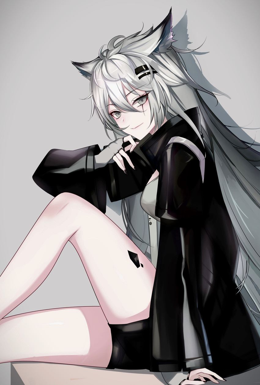 breasts clothing eye_scar facial_scar female grey_hair hair jacket looking_at_viewer oripathy_lesion scar simple_background sitting smile solo topwear ateoyh arknights hypergryph studio_montagne lappland_(arknights) animal_humanoid canid canid_humanoid humanoid mammal mammal_humanoid 2019 absurd_res hi_res