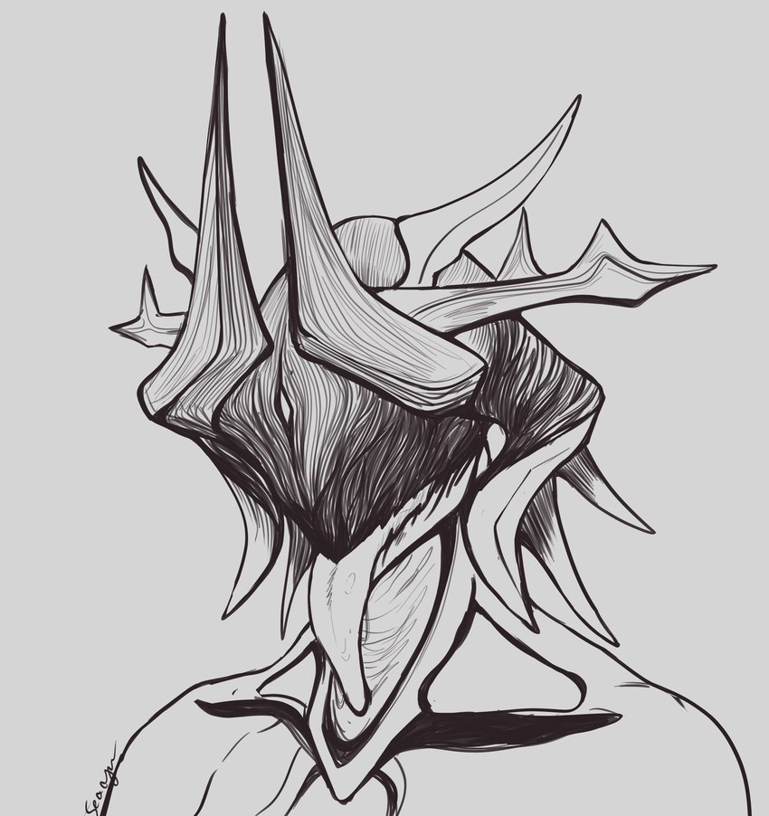 ambiguous_gender crown_of_horns eyeless horn long_tongue many_horns sharp_teeth simple_background solo teeth tongue tongue_out searyn digital_extremes tencent warframe ember_(warframe) ember_pyraxis alien biomechanical humanoid mawframe warframe_(species) absurd_res greyscale hi_res monochrome signature