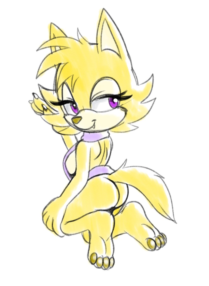 breasts butt clothing female folded_legs hand_on_knee hand_on_leg kneeling looking_back purple_eyes side_boob simple_background solo sweater topwear virgin_killer_sweater white_background yellow_body fourssss meme_clothing sega sonic_the_hedgehog_(series) ellie_the_wolf fan_character canid canine canis mammal wolf 2024 hi_res meme