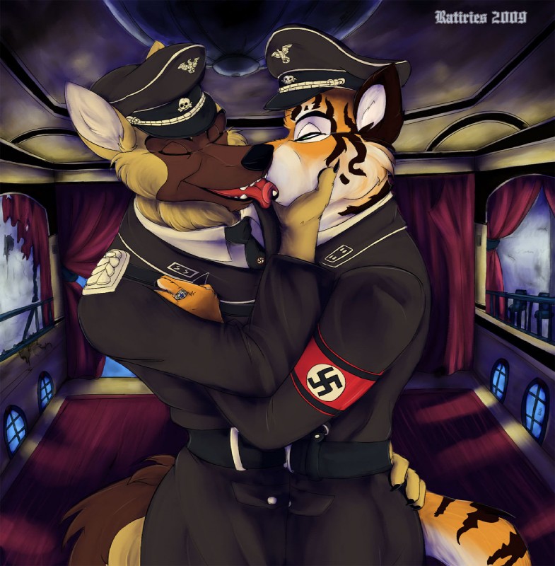 anthro armband clothing drama duo eyes_closed french_kissing hat headgear headwear kissing male male/male nazi nazi_armband paradox schutzstaffel sharp_teeth ss_insignia swastika tail teeth tongue tongue_out totenkopf uniform ratiries canid canine canis domestic_dog felid german_shepherd herding_dog mammal pantherine pastoral_dog tiger character_request hi_res lol_comments