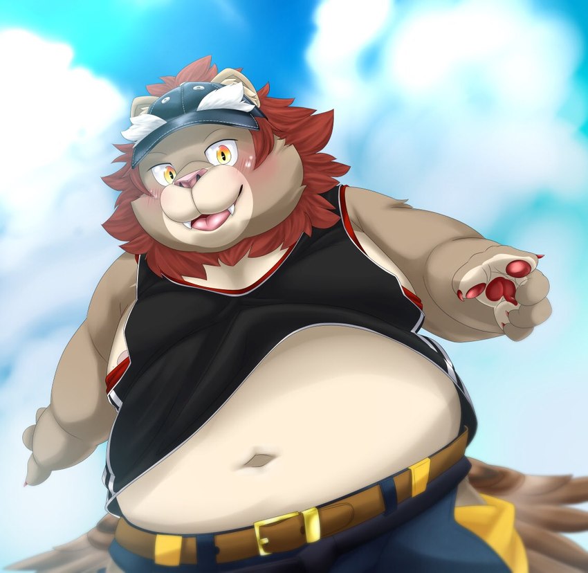 anthro belly belt blush brown_body brown_fur clothed clothing clothing_lift fur male mane navel overweight overweight_male pawpads shirt shirt_lift solo tank_top topwear yellow_eyes tolsche lifewonders tokyo_afterschool_summoners vapula_(tas) felid lion mammal pantherine