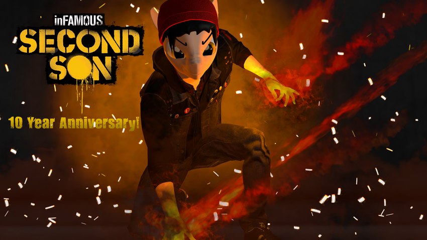 anniversary anthro beanie clothing cosplay crouching fire hat headgear headwear looking_at_viewer male smile smirk smoke solo superhero text title_card mr-wolfapex garry's_mod hasbro infamous_(series) my_little_pony sony_corporation sony_interactive_entertainment sucker_punch_productions delsin_rowe fan_character kurt_marek_(mr-wolfapex) equid equine horse mammal 16:9 absurd_res english_text hi_res widescreen