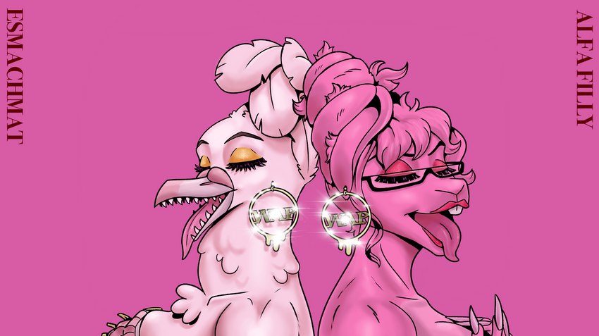 anthro duo ear_piercing ear_ring eyelashes eyeshadow eyewear female female/female glasses long_nails makeup mature_anthro mature_female parody piercing ring_piercing tongue tongue_out alfafilly smashmat cardi_b megan_thee_stallion wap_(song) linda_(alfafilly) venus_(smashmat) avian bird columbid dove lagomorph leporid mammal pigeon rabbit hi_res