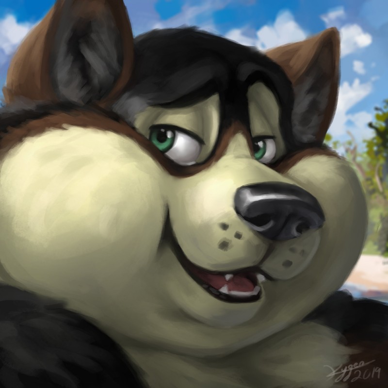 anthro black_body black_fur brown_body brown_fur chubby_cheeks detailed_background double_chin dreamworks_smirk fur male open_mouth open_smile outside overweight overweight_anthro overweight_male smile solo kygen canid canine canis mammal wolf 1:1 2019 absurd_res digital_media_(artwork) headshot_portrait hi_res icon portrait signature