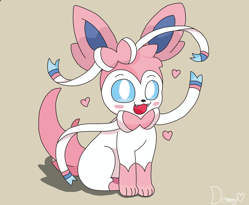 blue_eyes blush decorative ears_up expressive fangs fantasy feral fur heart_symbol looking_at_viewer male mouth open_mouth paws pink_body pink_ears pink_fur pink_tail playful pose ribbons ribbons_(anatomy) sitting smile solo tail teeth white_body white_fur demmy nintendo pokemon eeveelution generation_6_pokemon pokemon_(species) sylveon hi_res pastel_theme