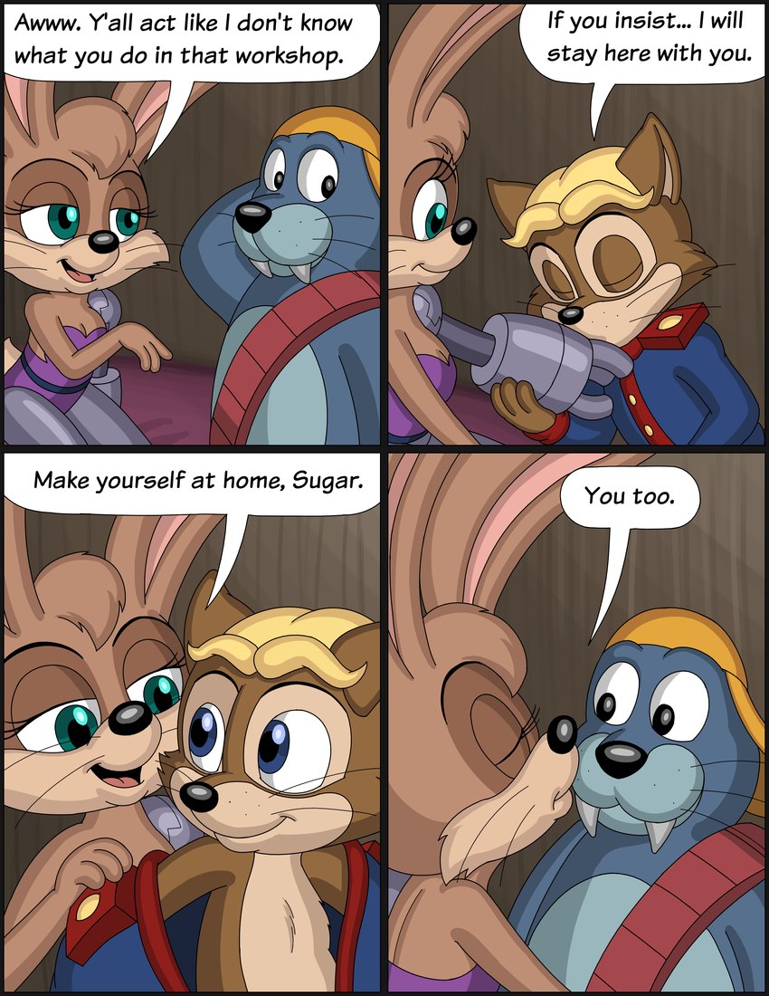 bed black_border border clothing dialogue female furniture group kissing male text trio undressing omatic archie_comics sega sonic_the_hedgehog_(archie) sonic_the_hedgehog_(comics) sonic_the_hedgehog_(satam) sonic_the_hedgehog_(series) antoine_d'coolette bunnie_rabbot rotor_the_walrus canid canine canis coyote lagomorph leporid mammal marine pinniped rabbit walrus absurd_res comic english_text hi_res