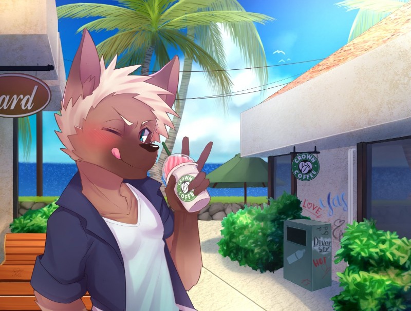 anthro blush frappuccino gesture hand_gesture kemono male one_eye_closed solo tongue tongue_out v_sign wink manadezimon starbucks canid canine mammal