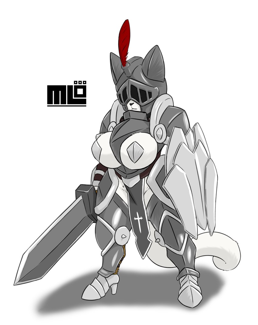 armor armwear big_breasts breasts clothed clothing exercise female headgear headwear helmet legwear melee_weapon no_underwear shield sword weapon white_body mi_lan milan_(mi_lan) felid feline mammal absurd_res hi_res