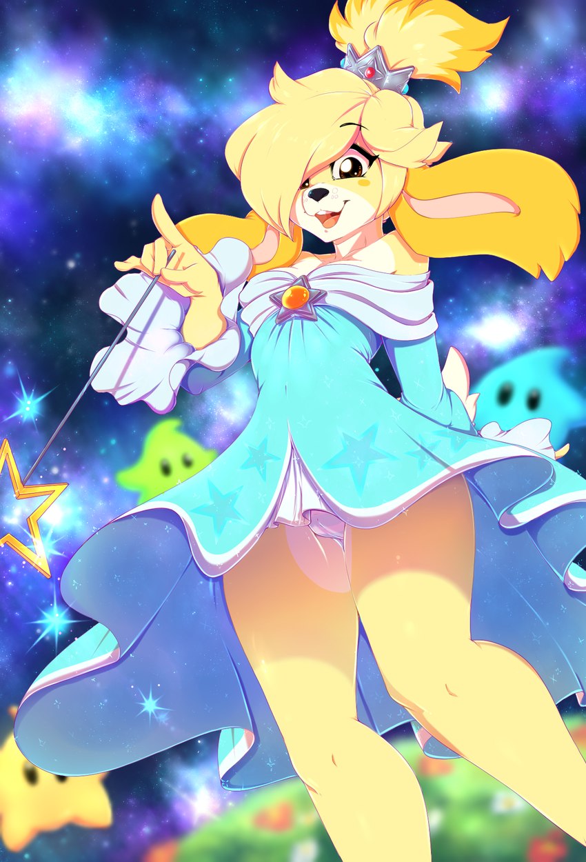 anthro blonde_hair camel_toe clothed clothing cosplay dress female hair hair_over_eye magical_girl_outfit magical_girl_wand one_eye_obstructed open_mouth panties panty_shot solo underwear wand rainbowscreen animal_crossing mario_bros nintendo super_mario_galaxy isabelle_(animal_crossing) rosalina_(mario) canid canine canis domestic_dog mammal shih_tzu toy_dog 2019 digital_media_(artwork) hi_res