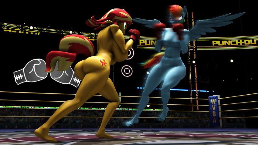 abs anthro barefoot big_breasts big_butt boxing boxing_gloves boxing_gloves_only breasts butt clothing convenient_censorship cutie_mark feet female fighting_ring hair handwear handwear_only horn huge_breasts huge_butt mostly_nude motion_blur multicolored_hair nipples nude nude_anthro nude_female public public_nudity rainbow_hair small_breasts smug_face sport wings clintr007 equestria_girls friendship_is_magic hasbro my_little_pony mythology nintendo punch-out!! super_smash_bros. rainbow_dash_(mlp) sunset_shimmer_(eg) equid equine human mammal mythological_creature mythological_equine pegasus unicorn 16:9 3d_(artwork) absurd_res digital_media_(artwork) hi_res signature source_filmmaker_(artwork) widescreen