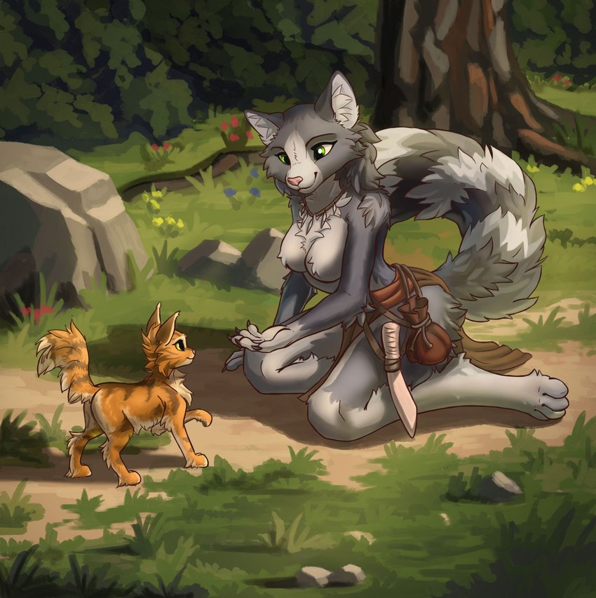 amber_eyes ambiguous_gender anthro clothed clothing duo female feral fur green_eyes jewelry multicolored_body multicolored_fur nature nature_background topless weapon kirillk domestic_cat felid feline felis mammal absurd_res hi_res
