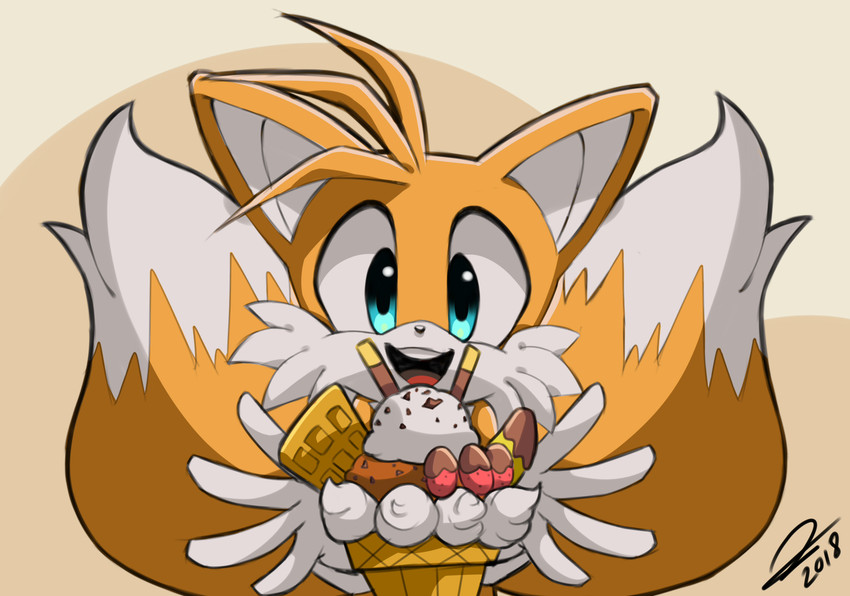 anthro blue_eyes clothing dessert dipstick_tail food fur gloves handwear ice_cream male markings multicolored_tail open_mouth open_smile smile solo tail tail_markings white_clothing white_gloves white_handwear sonicaimblu19 sega sonic_the_hedgehog_(series) miles_prower canid canine fox mammal 2018 absurd_res hi_res