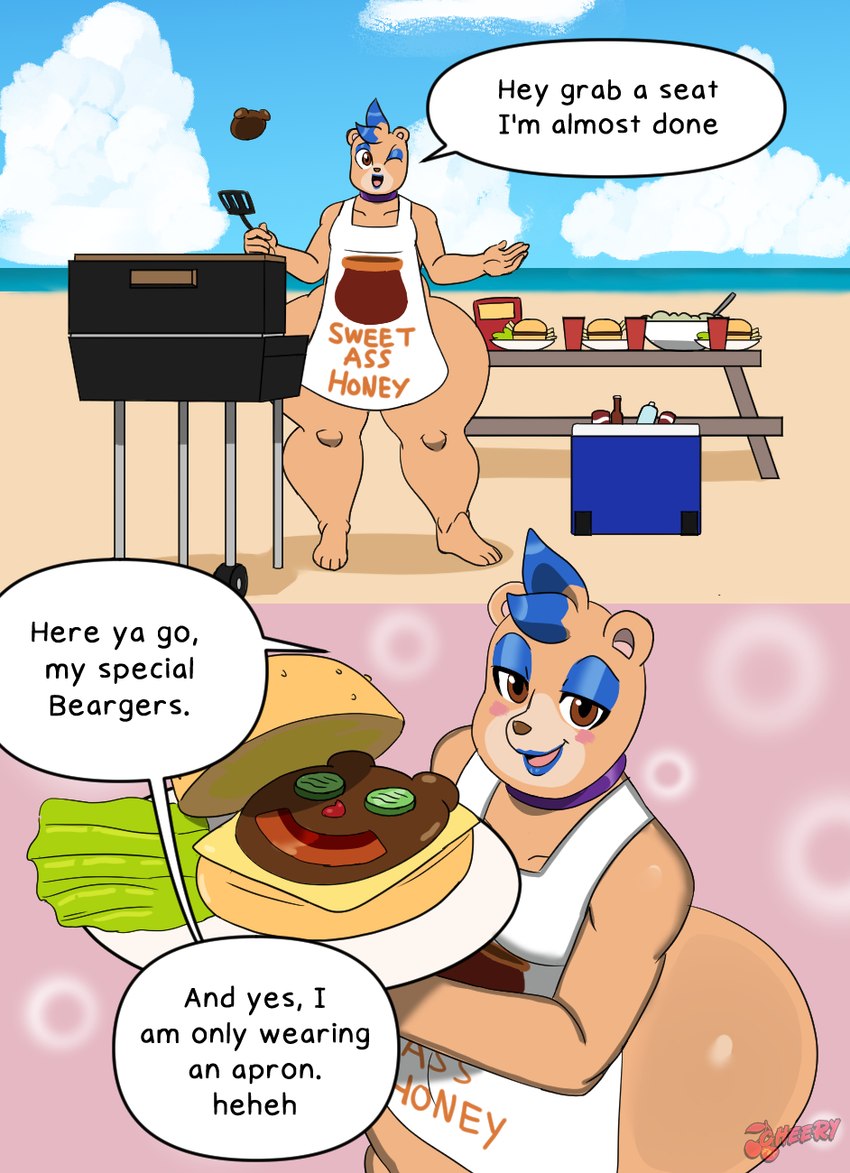 anthro apron apron_only barbecue beach big_butt brown_body burger butt clothed clothing femboy food fur holding_object huge_butt looking_at_viewer male outside overweight overweight_male sand seaside sky smile solo text thick_thighs water cherryfox73 milo_(cherryfox73) bear mammal english_text hi_res