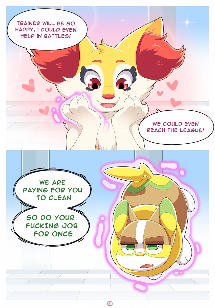 annoyed anthro ass_up dialogue duo feral fur heart_symbol inner_ear_fluff levitating male open_mouth profanity psychic psychic_powers smile speech_bubble telekinesis text tuft white_body white_fur yellow_body yellow_fur nikkibunn nintendo pokemon ellie_the_braixen braixen canid canine generation_6_pokemon generation_8_pokemon mammal pokemon_(species) yamper 2023 comic english_text hi_res