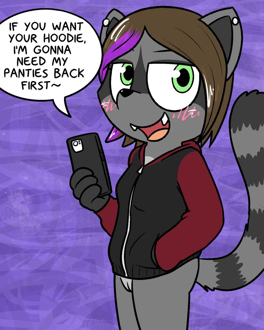 anthro black_clothing black_hoodie black_nose black_topwear bottomless bottomless_anthro bottomless_female brown_hair cellphone clothed clothing countershade_torso countershading electronics female fur genitals green_eyes grey_body hair hand_in_pocket highlights_(coloring) holding_object holding_phone hoodie hoodie_only markings partially_clothed phone pockets purple_highlights pussy smartphone solo striped_markings striped_tail stripes tail tail_markings toony topwear topwear_only young young_anthro young_female pokefound da_silva sam_(pink) mammal procyonid raccoon 4:5 hi_res