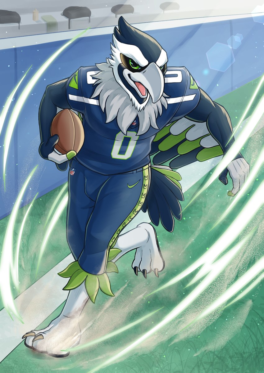 3_toes 5_fingers american_football anthro athletic athletic_anthro athletic_male avian_feet ball beak biceps biped black_claws blue_body blue_feathers bottomwear bulge claws clothed clothing competition_number detailed_background feathered_wings feathers feet fingers football_uniform front_view fully_clothed grass green_body green_eyes green_feathers gridiron_ball holding_ball holding_object jersey lens_flare light logo looking_at_viewer male mascot multicolored_body multicolored_feathers number number_on_clothing number_on_jersey number_on_topwear number_print open_beak open_mouth outside pink_tongue plant print_clothing print_jersey print_topwear running solo sport sunlight tail tail_feathers talons toe_claws toes tongue topwear white_beak white_body white_feathers winged_arms wings nagisabus nfl nike seattle_seahawks blitz_the_seahawk accipitrid accipitriform avian bird 2022 absurd_res digital_media_(artwork) full-length_portrait hi_res lighting portrait shaded