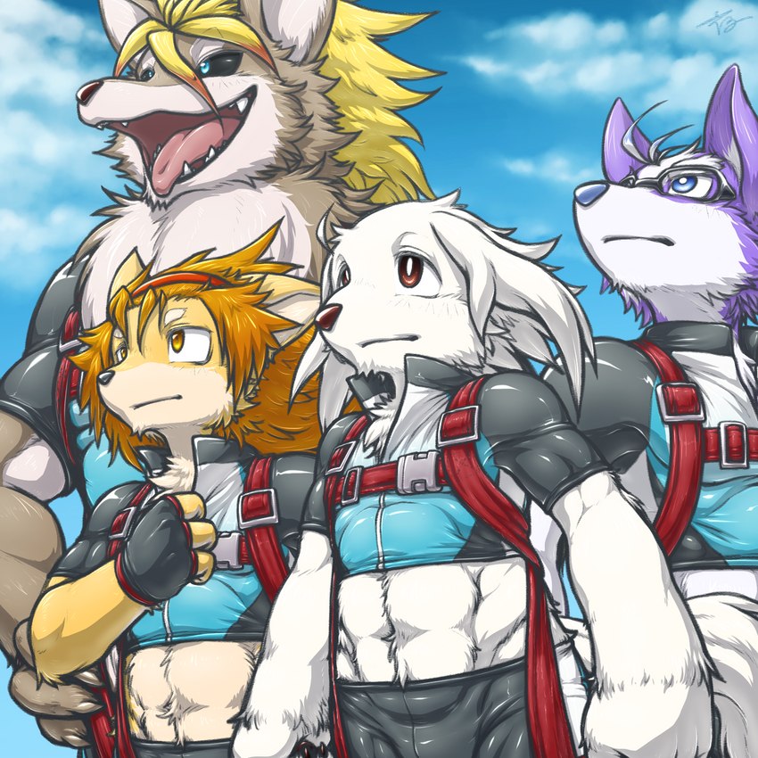 abs accessory adolescent age_difference anthro clothing exposed_belly eyewear fingerless_gloves glasses gloves group handwear harness headband looking_up male muscular muscular_anthro muscular_male muscular_young pecs size_difference sled_harness smile tracksuit young young_anthro tsuchinoko_(artist) dogsled_club fuyuki_shiroda_(tsuchi_kemo) mamejirou_shibata_(misodonnburi201) reizou_hokugoku_(bosstariamus) yukiichi_(clawlion) bird_dog canadian_eskimo_dog canid canine canis domestic_dog hunting_dog mammal nordic_sled_dog retriever shiba_inu spitz 1:1 hi_res