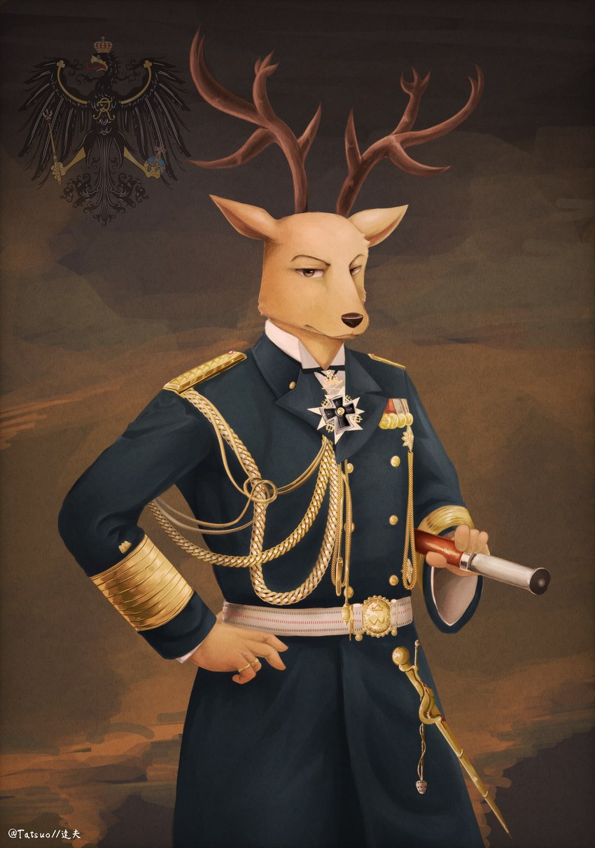 anthro binoculars brown_body clothing cross emperor german german_empire germany globus_cruciger gold_(metal) gold_jewelry gradient_background historical horn iron_cross jewelry king male prussian ring royalty simple_background solo stamp world_war_1 mitchthegoat beastars louis_(beastars) cervine deer hybrid mammal red_deer 2022 absurd_res hi_res painting_(artwork) traditional_media_(artwork) watercolor_(artwork)