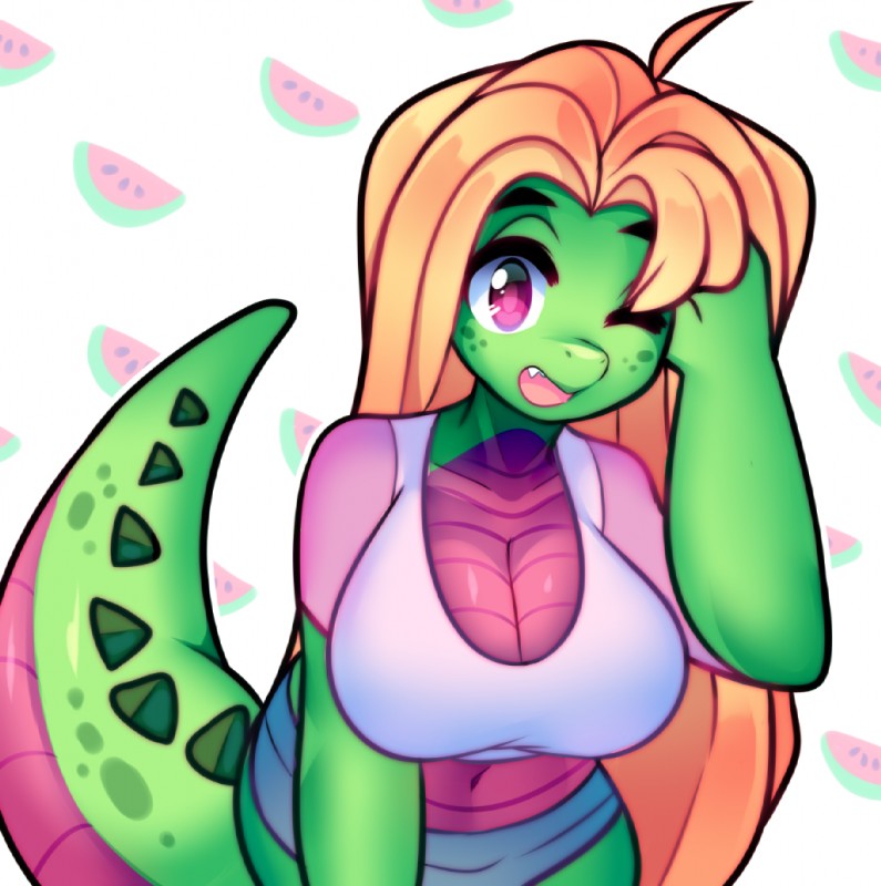 anthro blonde_hair breasts cleavage clothed clothing female hair long_hair looking_at_viewer non-mammal_breasts one_eye_closed open_mouth solo wink raikissu matz alligator alligatorid crocodilian reptile scalie 2018 digital_media_(artwork)