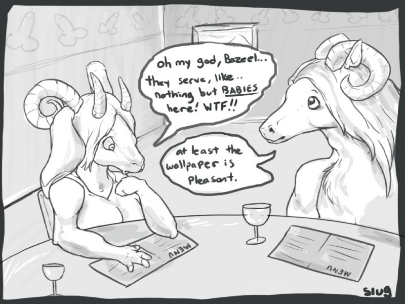 anthro balls bovid_horn caprine_horn dialogue duo female furniture genitals goat_horn horn male menu name_drop name_in_dialogue omg penis ram_horn service_menu speech_bubble table text underline oddbird bazeel_(fursona) sigil_(fursona) bovid caprine caprine_demon demon equid equine goat goat_demon horse mammal 4:3 english_text wallpaper