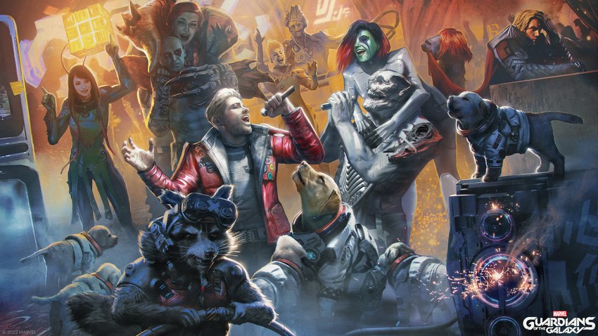 ambiguous_gender anthro armor clothed clothing detailed_background electronics female feral group holding_microphone holding_object howl inside male microphone singing spacesuit young young_ambiguous young_feral unknown_artist guardians_of_the_galaxy marvel adam_warlock cosmo_(marvel) drax_the_destroyer gamora groot kammy_(guardians_of_the_galaxy) lady_hellbender laika_(ussr) lipless_(guardians_of_the_galaxy) mantis_(marvel) nicholette_gold peter_quill rocket_raccoon alien canid canine canis domestic_dog human mammal procyonid raccoon 16:9 absurd_res hi_res official_art widescreen