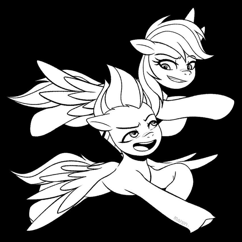 duo female feral flying hooves open_mouth simple_background spread_wings transparent_background wings marenlicious friendship_is_magic hasbro mlp_g5 my_little_pony mythology rainbow_dash_(mlp) zipp_storm_(mlp) equid equine mammal mythological_creature mythological_equine pegasus alpha_channel black_and_white monochrome