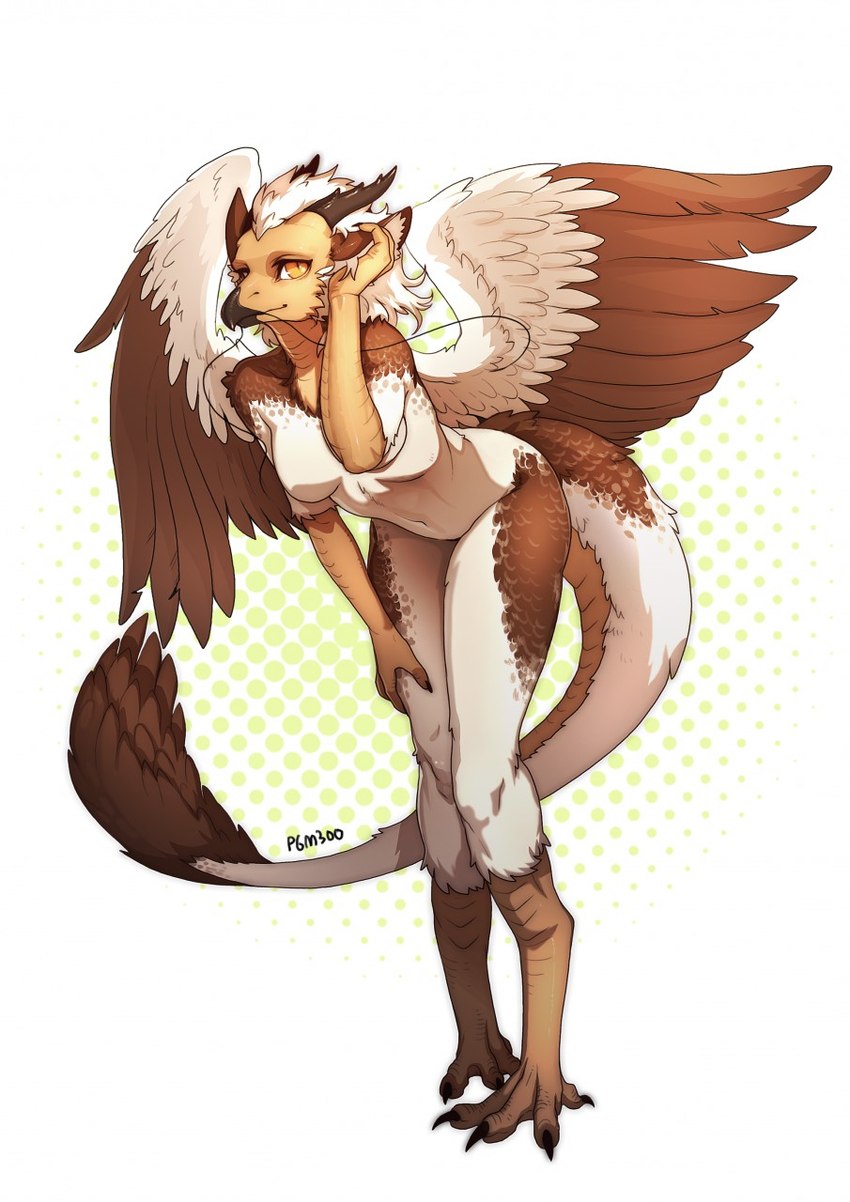 4_toes anthro barbel_(anatomy) beak black_beak_tip breasts brown_body brown_ears brown_feathers chest_tuft eyelashes feather_hair feathers featureless_breasts feet female hair hand_on_ear hand_on_leg hand_on_thigh horn inner_ear_fluff leaning leaning_forward looking_at_viewer navel non-mammal_breasts orange_eyes pseudo_hair pupils scuted_arms scuted_face scuted_legs scutes slit_pupils solo tail tail_tuft toes tuft white_body white_ears white_feathers white_hair wings pgm300 mythology eva_(ozawk) accipitrid accipitriform avian bird dragon eastern_dragon egyptian_vulture hybrid mythological_creature mythological_scalie old_world_vulture scalie vulture 2018 artist_name hi_res