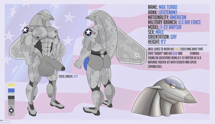 accessory air_force aircraft american_flag anthro balls big_balls big_bulge big_muscles big_penis blue_clothing blue_jockstrap blue_underwear bulge camo clothing cock_ring cockpit color_swatch fist foreskin genitals grey_body huge_balls huge_bulge huge_penis jewelry jockstrap looking_away machine male muscular muscular_male nude penis penis_accessory penis_jewelry smile solo text underwear united_states_of_america vehicle wings yellow_eyes hano101 u.s._air_force max_turbo_(domizoni) aircraft_humanoid living_aircraft living_machine living_vehicle absurd_res digital_media_(artwork) english_text headshot_portrait hi_res model_sheet portrait