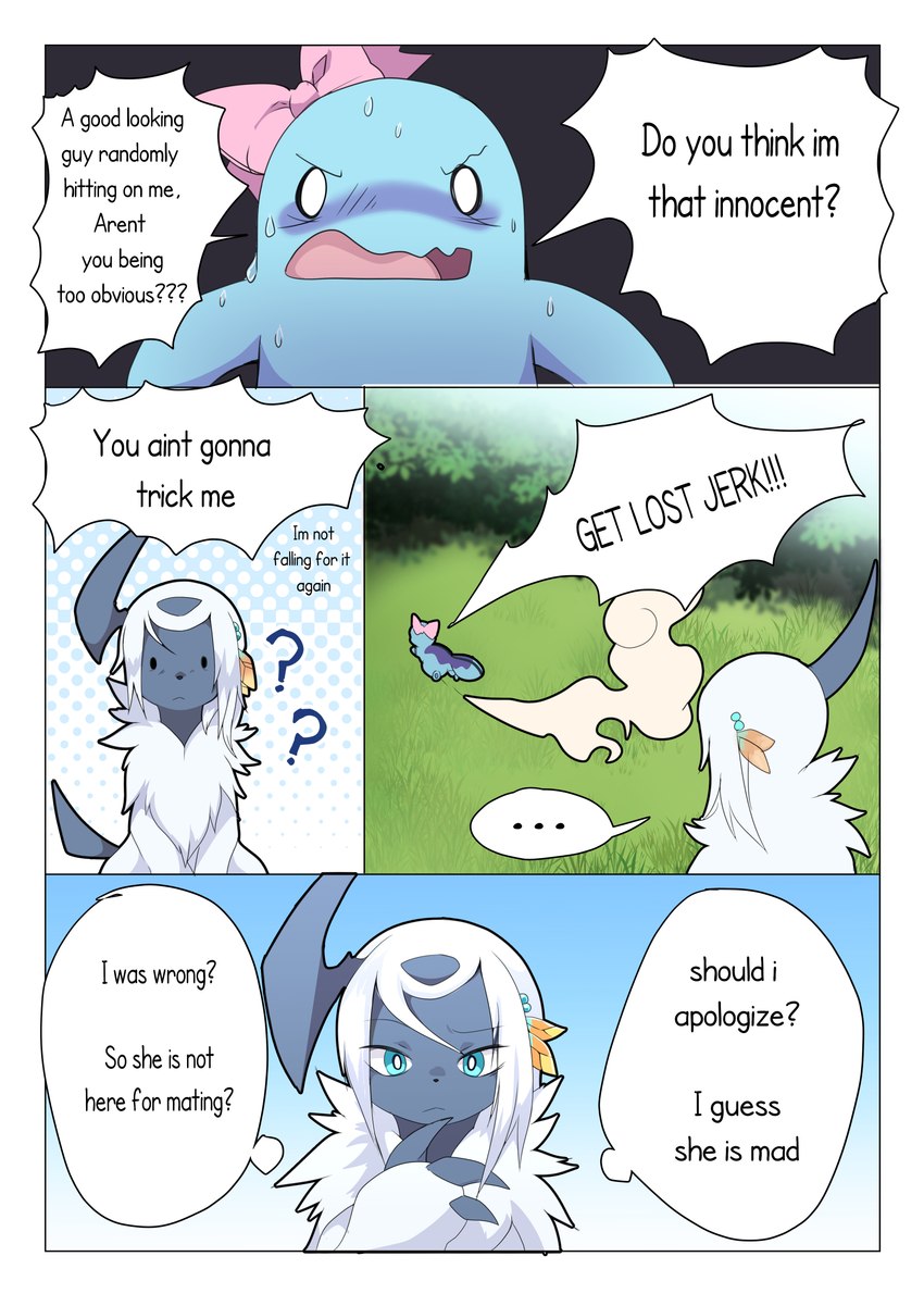 accessory blue_eyes bow_accessory chibi comic_panel confusion dialogue duo expressions feathers female feral gem gradient_background horn male male/female pearl_(gem) poker_face question_mark simple_background speech_bubble text loreking nintendo pokemon jade_(loreking) yang_(loreking) absol generation_2_pokemon generation_3_pokemon pokemon_(species) quagsire absurd_res comic english_text hi_res