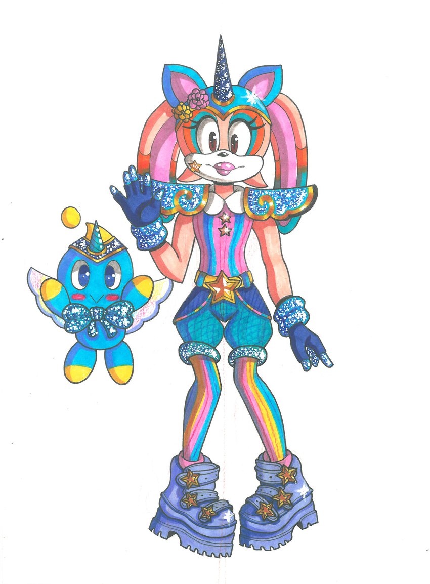 alternative_fashion boots bow_tie clothing duo eyelashes fairy_kei female footwear gloves handwear horn horse_ears j-fashion lip_gloss long_ears male male/female rainbow shoes socks sparkles sparkling_bow_tie sparkling_horn star unicorn_horn wings autenticovadito sega sonic_dash sonic_the_hedgehog_(series) cheese_the_chao cream_the_rabbit chao_(sonic) lagomorph leporid mammal rabbit hi_res marker_(artwork) pastel_theme traditional_media_(artwork)