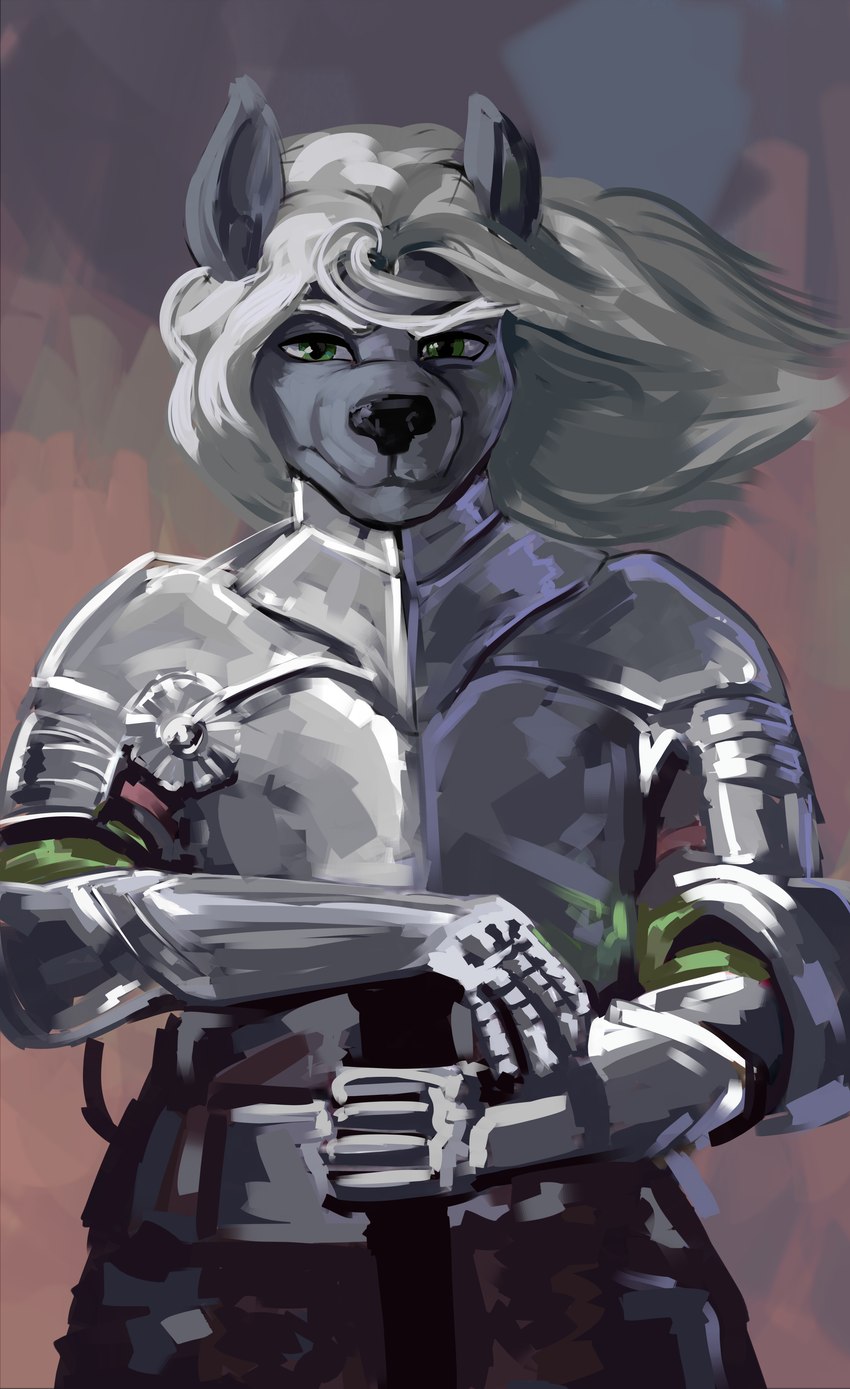 anthro armor green_eyes hair knight long_hair looking_at_viewer male solo warrior weapon white_hair kelkessel canid canine canis mammal wolf absurd_res hi_res