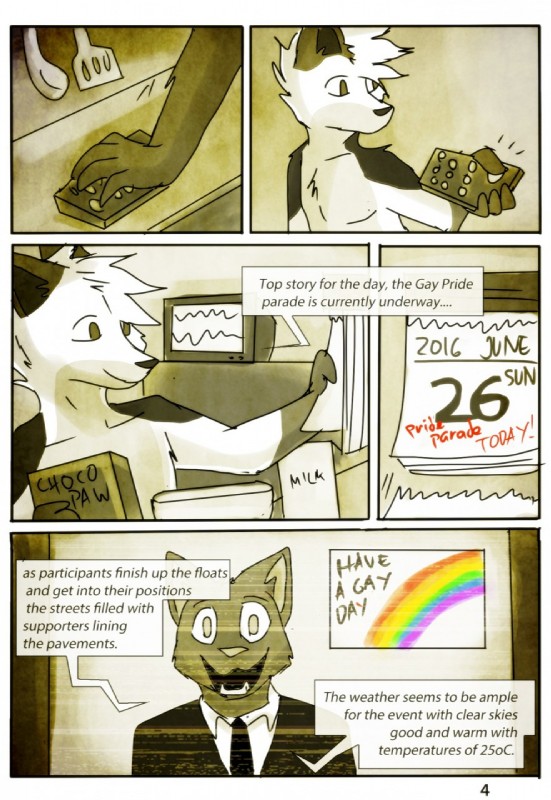 anthro calendar cereal clothed clothing electronics food lgbt_pride male milk news news_report pride_colors rainbow rainbow_pride_colors six-stripe_rainbow_pride_colors television text topless wide_eyed catkitte canid canine canis domestic_cat domestic_dog felid feline felis husky mammal nordic_sled_dog spitz wolf comic english_text hi_res