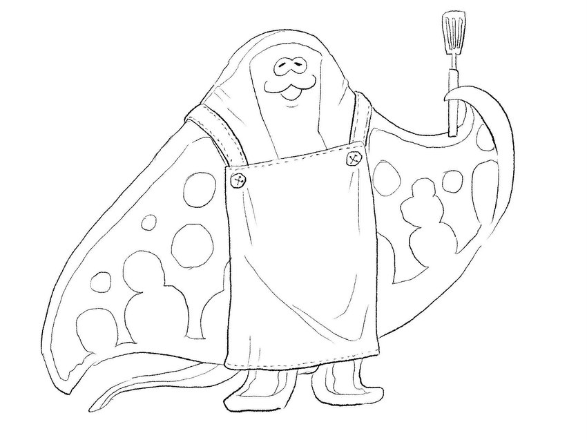 :3 anthro apron clothing flat_body male solo spatula tools saba_subdup nintendo splatoon big_man_(splatoon) fish manta_ray marine ray_(fish) stingray hi_res line_art monochrome