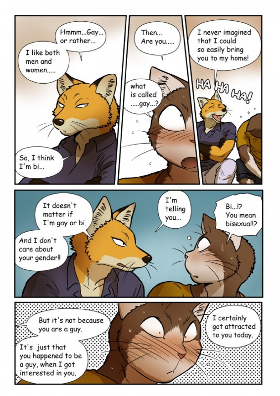 anthro bed clothing dialogue drunk duo fur furniture male stated_bisexuality stated_sexuality substance_intoxication text whiskers maririn daisuke_yomo jinpei_shinooka canid canine domestic_cat felid feline felis fox mammal 2014 comic english_text hi_res translated