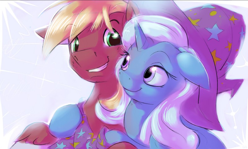 blonde_hair blue_hair cape clothing duo female feral green_eyes hair hat headgear headwear horn hug male purple_eyes romantic romantic_couple simple_background sparkles wizard_hat gsphere friendship_is_magic hasbro my_little_pony mythology big_macintosh_(mlp) trixie_(mlp) earth_pony equid equine horse mammal mythological_creature mythological_equine pony unicorn 2015