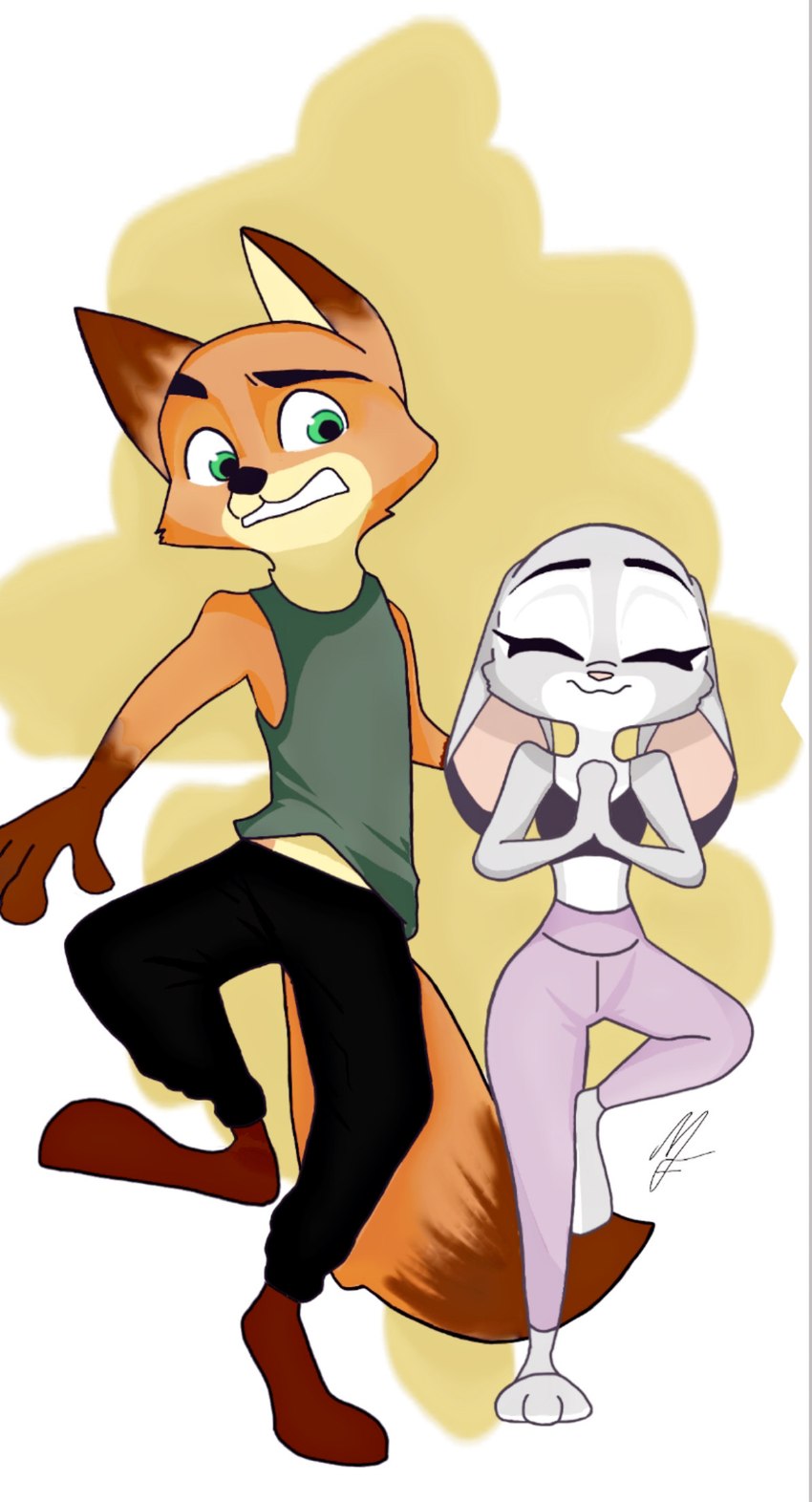 anthro bottomwear clothed clothing duo ears_down eyes_closed female fully_clothed fur grey_body grey_fur male orange_body orange_fur pants pivoted_ears shirt simple_background tank_top topwear tree_pose white_background yellow_background yoga yoga_pants bubblecop disney zootopia judy_hopps nick_wilde canid canine fox lagomorph leporid mammal rabbit red_fox true_fox hi_res signature