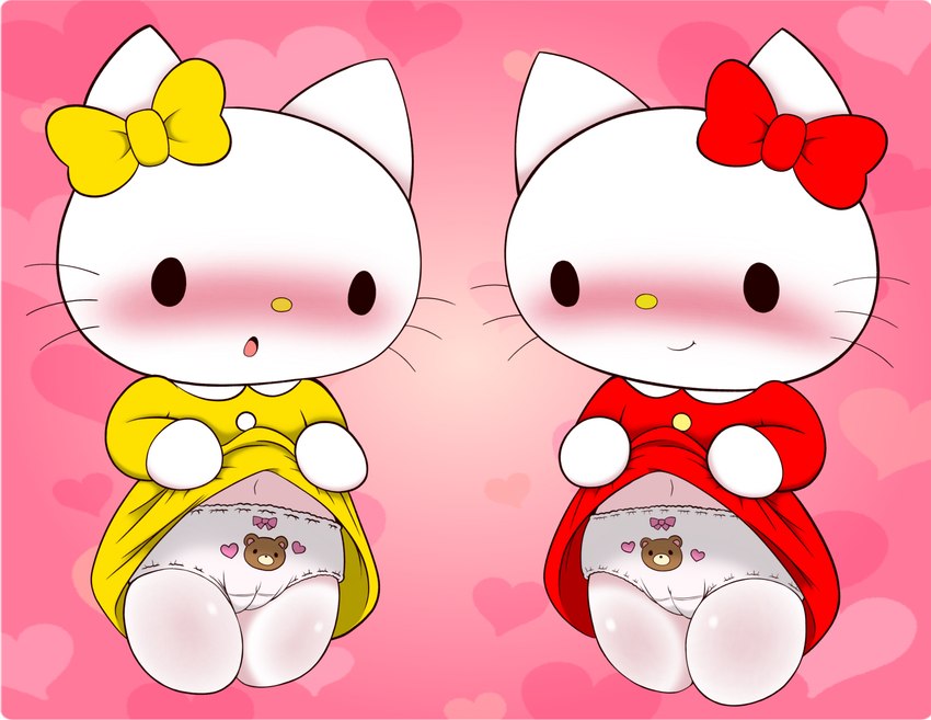 accessory anthro black_eyes blush bow_(feature) bow_accessory bow_ribbon chibi clothed clothing clothing_lift duo female hair_accessory hair_bow hair_ribbon heart_symbol navel open_mouth ribbons shirt shirt_lift simple_background smile topwear white_body young chrono_(pixiv) hello_kitty_(series) sanrio hello_kitty_(character) mimmy_white domestic_cat felid feline felis mammal 2021 absurd_res digital_media_(artwork) hi_res sibling_(lore) sister_(lore)