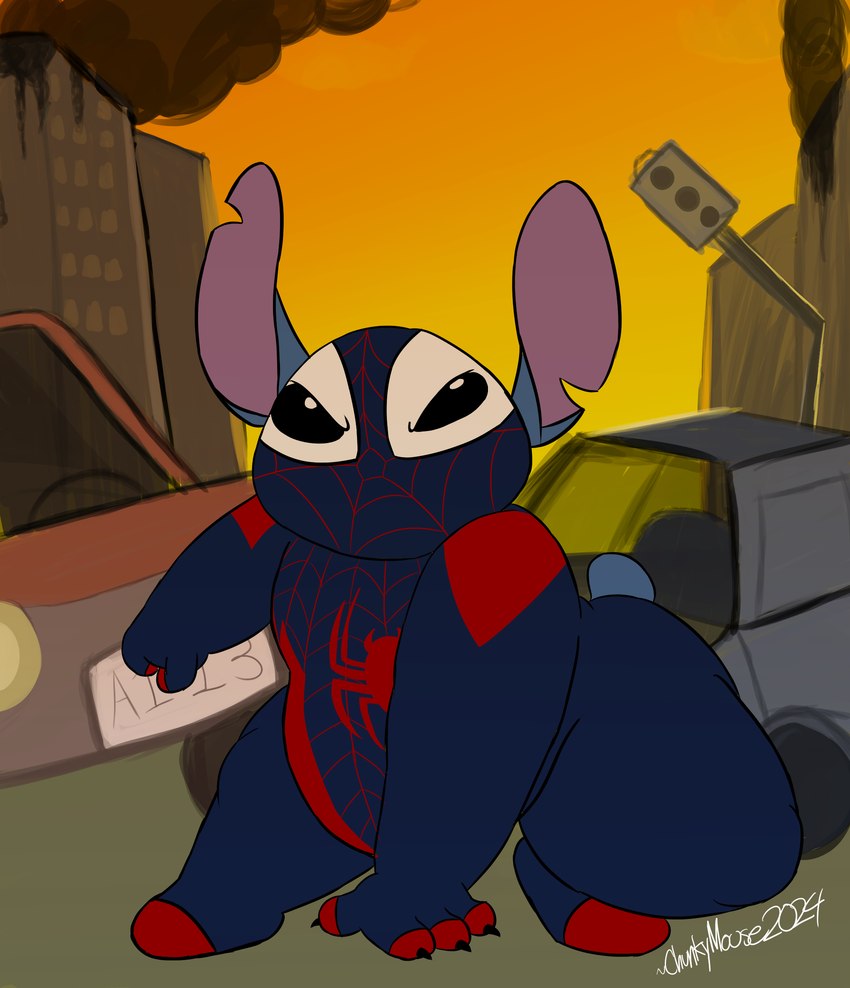 4_fingers angry anthro biped black_eyes blue_body car city claws clothed clothing destruction finger_claws fingers male notched_ear small_tail smoke solo superhero tail traffic_light vehicle chonkymouse disney lilo_and_stitch marvel spider-man_(series) stitch_(lilo_and_stitch) alien experiment_(lilo_and_stitch) 2024 digital_drawing_(artwork) digital_media_(artwork) hi_res signature