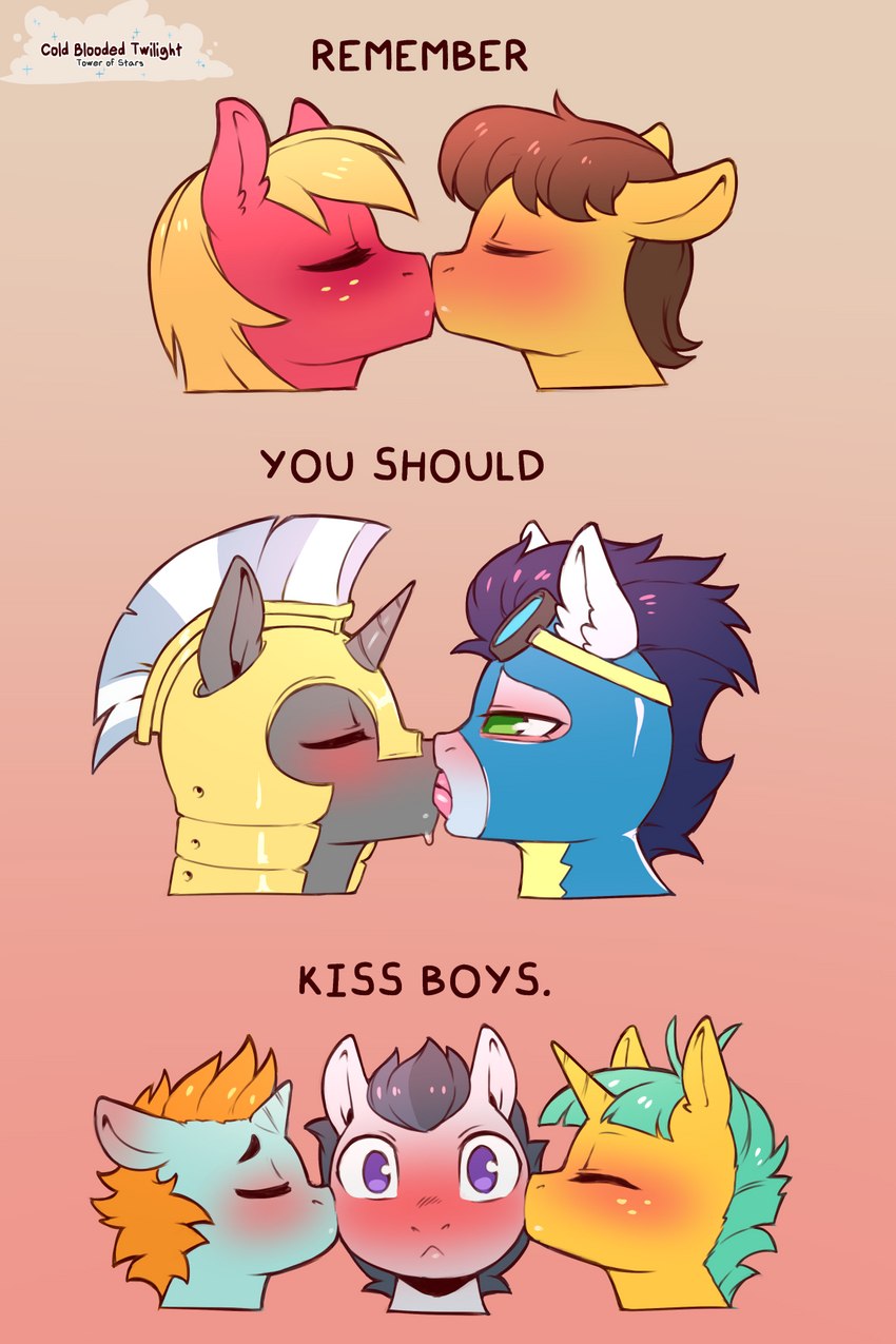 :< armor blue_body blue_fur blush eyes_closed eyewear french_kissing fur goggles grey_body grey_fur group headgear helmet horn kiss_on_lips kissing kissing_cheek male male/male mask red_body red_fur text yellow_body yellow_fur cold-blooded-twilight friendship_is_magic hasbro my_little_pony mythology big_macintosh_(mlp) caramel_(mlp) royal_guard_(mlp) rumble_(mlp) snails_(mlp) snips_(mlp) soarin_(mlp) wonderbolts_(mlp) equid equine horse mammal mythological_creature mythological_equine pony unicorn 2023 2:3 english_text hi_res