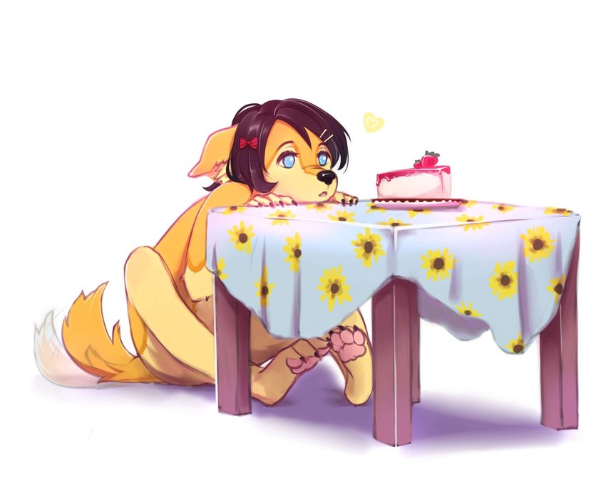 anthro cake cake_slice dessert femboy food furniture heart_symbol male nude pawpads solo table rextra thelly bird_dog canid canine canis domestic_dog golden_retriever hunting_dog mammal retriever hi_res