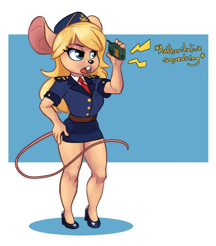 anthro blonde_hair blue_eyes buckteeth clothed clothing electronics exposure_variation female footwear hair hat headgear headwear open_mouth simple_background solo teeth text tongue walkie-talkie siroc a.i.m._(game) ela_novabay mammal mouse murid murine rodent 2018 hi_res