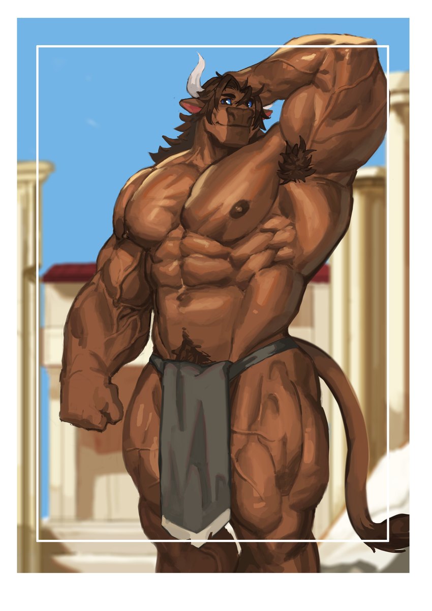 anthro armpit_hair blue_eyes body_hair bottomwear brown_body brown_fur brown_hair clothed clothed_anthro clothed_male clothing fur greek_clothing hair hand_behind_head horn loincloth loincloth_only male muscular muscular_anthro muscular_male navel nipples pecs pubes smile solo tail topless topless_anthro topless_male vein veiny_muscles traver009 european_mythology greek_mythology mythology iason_avarta bovid bovine mammal minotaur 2024 absurd_res hi_res