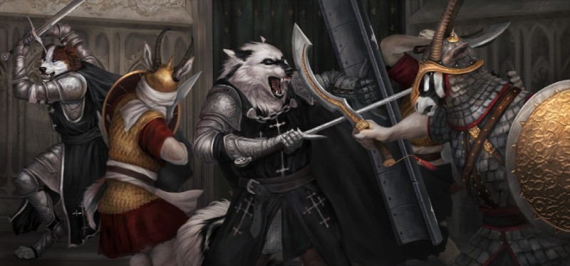 4_toes 5_fingers anthro black_lips black_nose cathedral detailed_background digitigrade feet fight fingers fur group holding_melee_weapon holding_object holding_sword holding_weapon horn lips male medieval melee_weapon open_mouth saracen standing sword teeth templar toes tongue weapon white_body white_fur wolnir antelope border_collie bovid canid canine canis collie domestic_dog grazing_antelope herding_dog mammal oryx pastoral_dog sheepdog wolf 2018